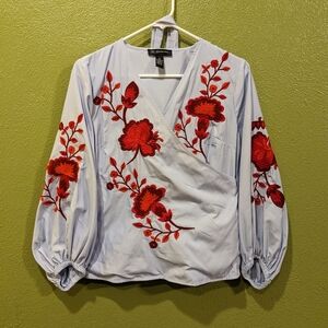 BCX Women's Blue Top with Red Floral Embroidery